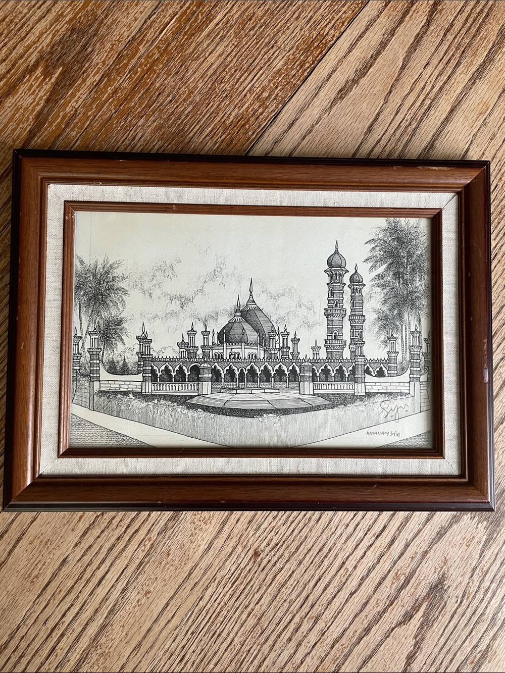 Jamek mosque vintage pen and ink drawing framed Kuala Lumpur